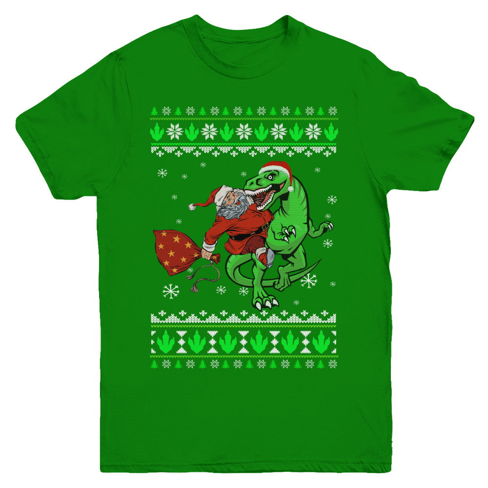 Santa Riding Dinosaur T-Rex Ugly Christmas Sweater Youth Youth Shirt | Teecentury.com