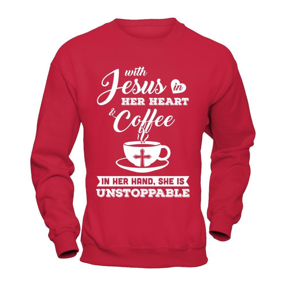With Jesus In Her Heart And Coffee In Her Hand T-Shirt & Hoodie | Teecentury.com