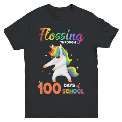 Flossing through 100 Days of School Unicorn Girl Youth Youth Shirt | Teecentury.com