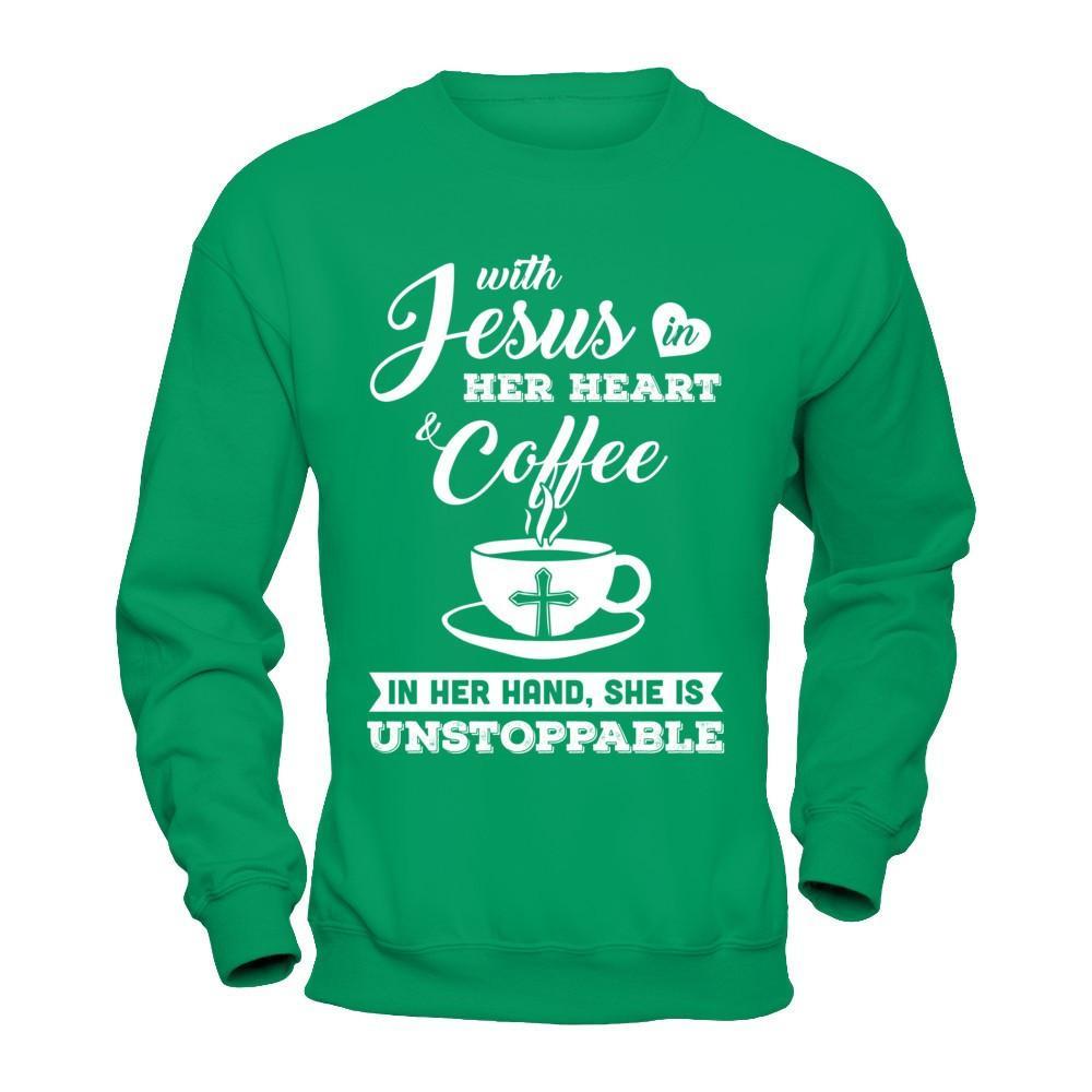With Jesus In Her Heart And Coffee In Her Hand T-Shirt & Hoodie | Teecentury.com