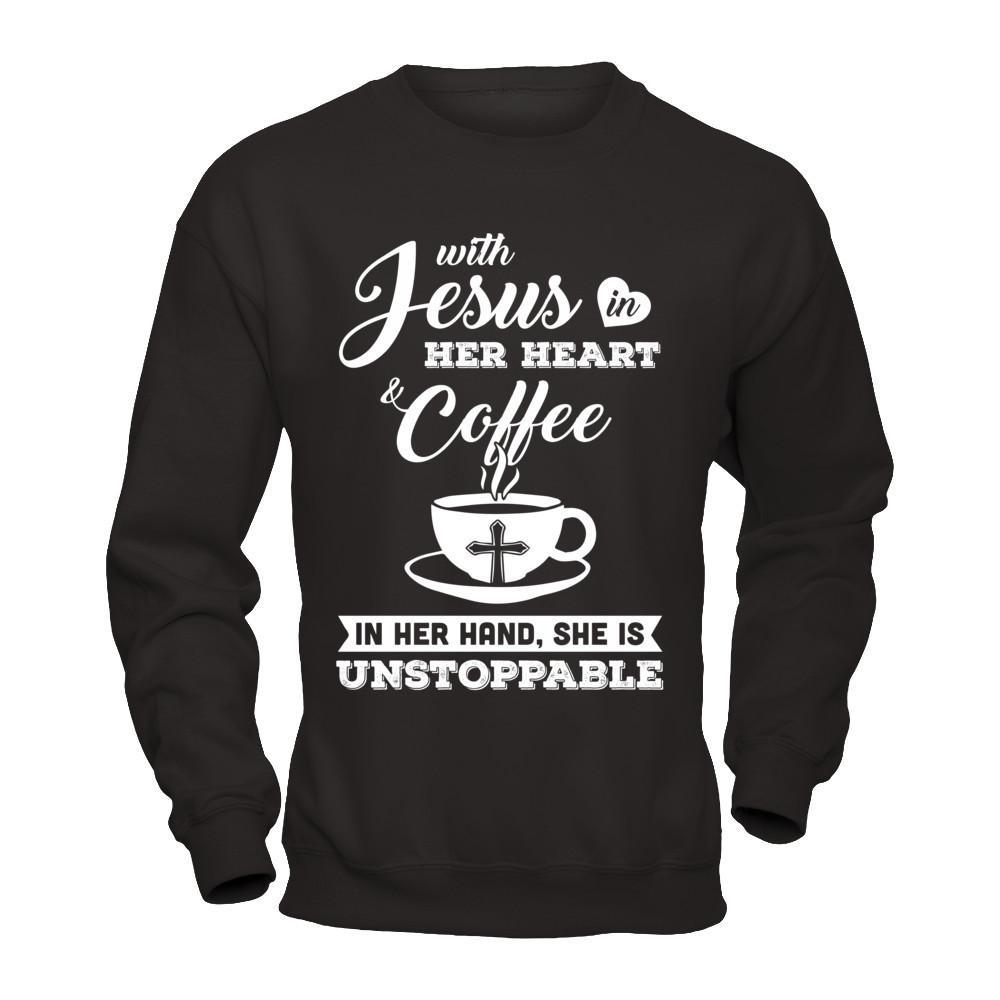 With Jesus In Her Heart And Coffee In Her Hand T-Shirt & Hoodie | Teecentury.com