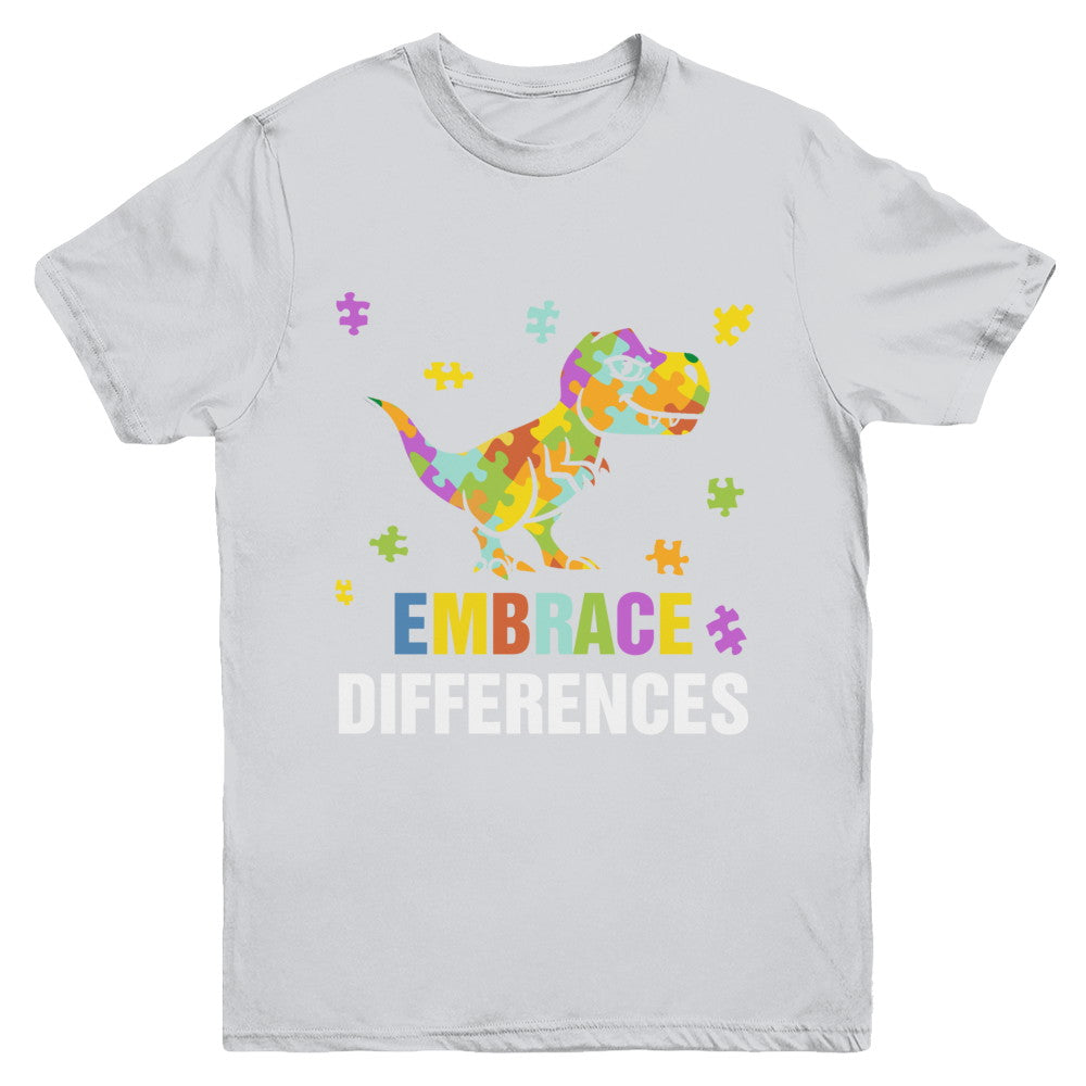 Autism Awareness Puzzle Piece Dinosaur Embrace Differences Youth Youth Shirt | Teecentury.com