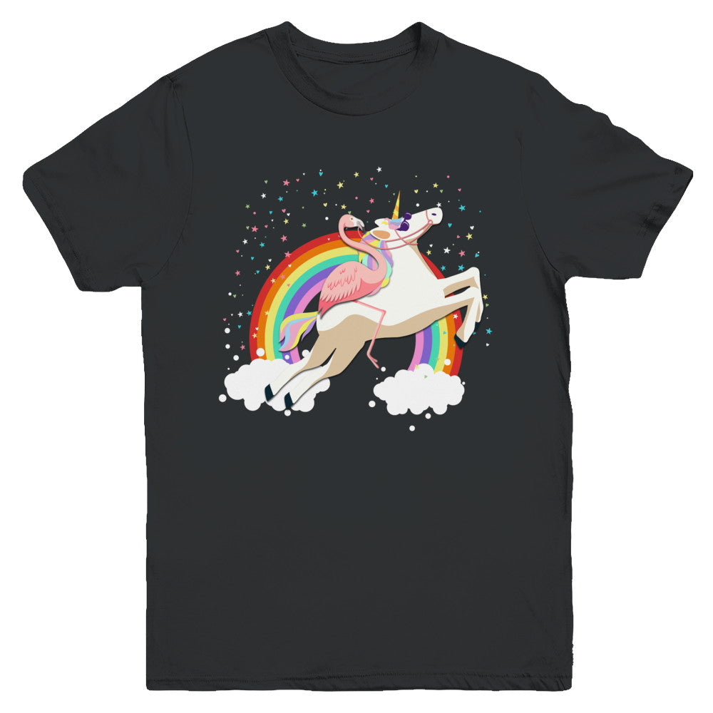 Flamingo Pink Bird Riding Unicorn Youth Youth Shirt | Teecentury.com