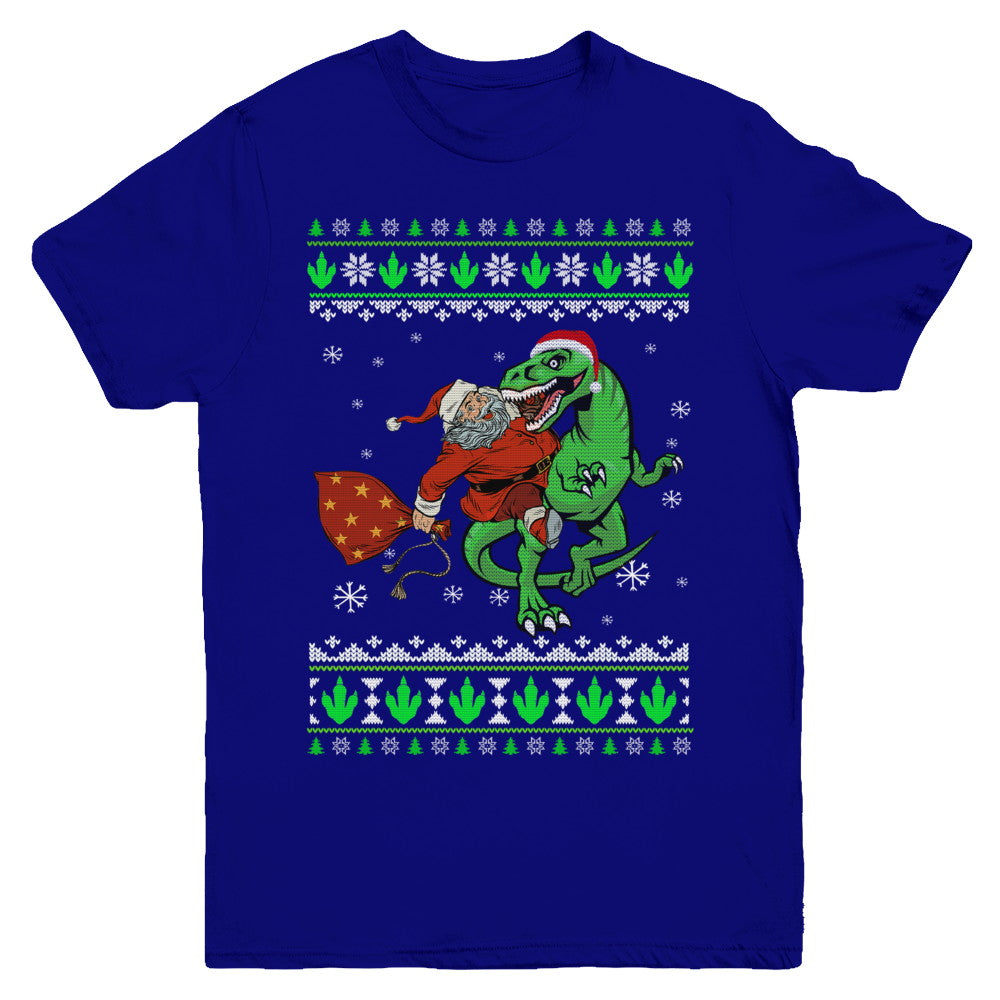 Santa Riding Dinosaur T-Rex Ugly Christmas Sweater Youth Youth Shirt | Teecentury.com