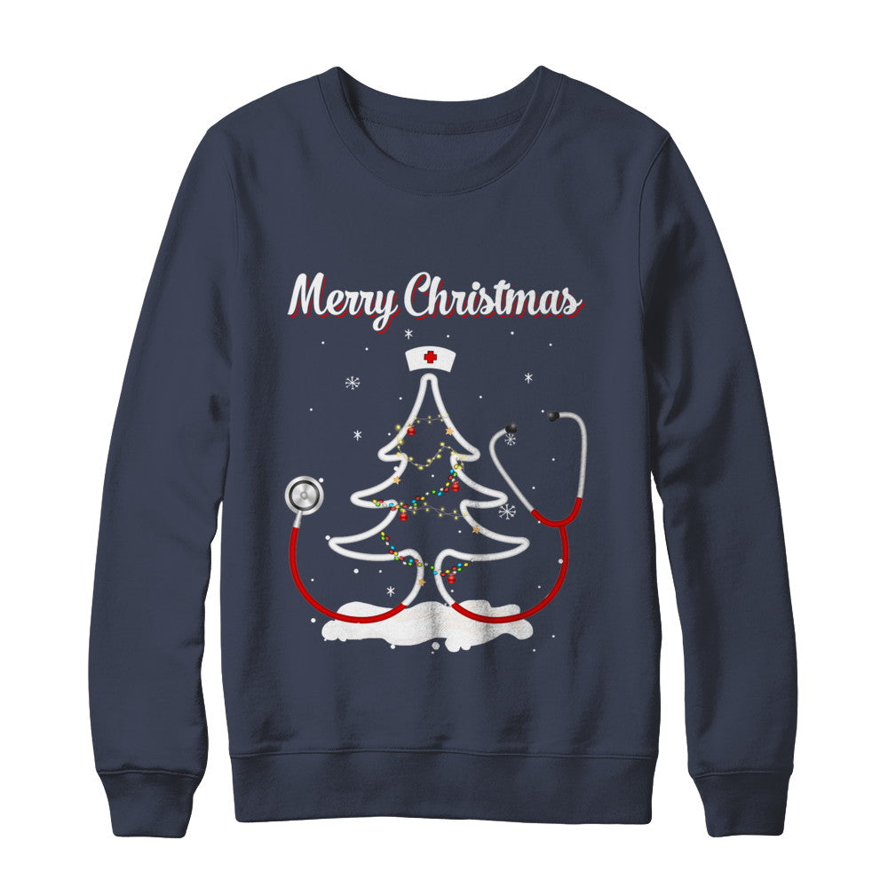 Merry Christmas Stethoscope Nurse Christmas Tree Xmas T-Shirt & Sweatshirt | Teecentury.com