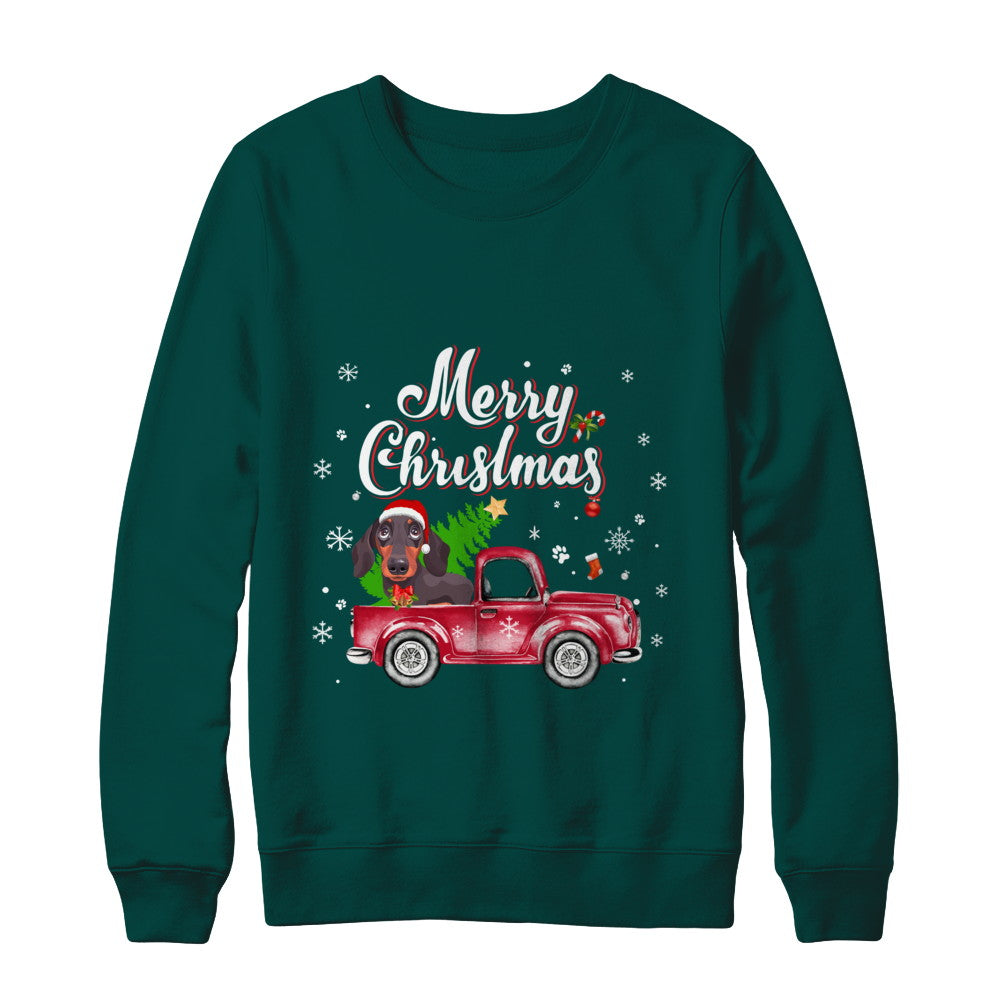Dachshund Rides Red Truck Christmas Pajama T-Shirt & Sweatshirt | Teecentury.com
