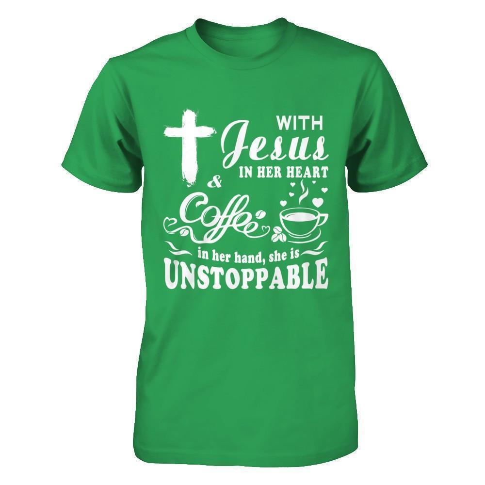 With Jesus In Her Heart And Coffee In Her Hand T-Shirt & Hoodie | Teecentury.com