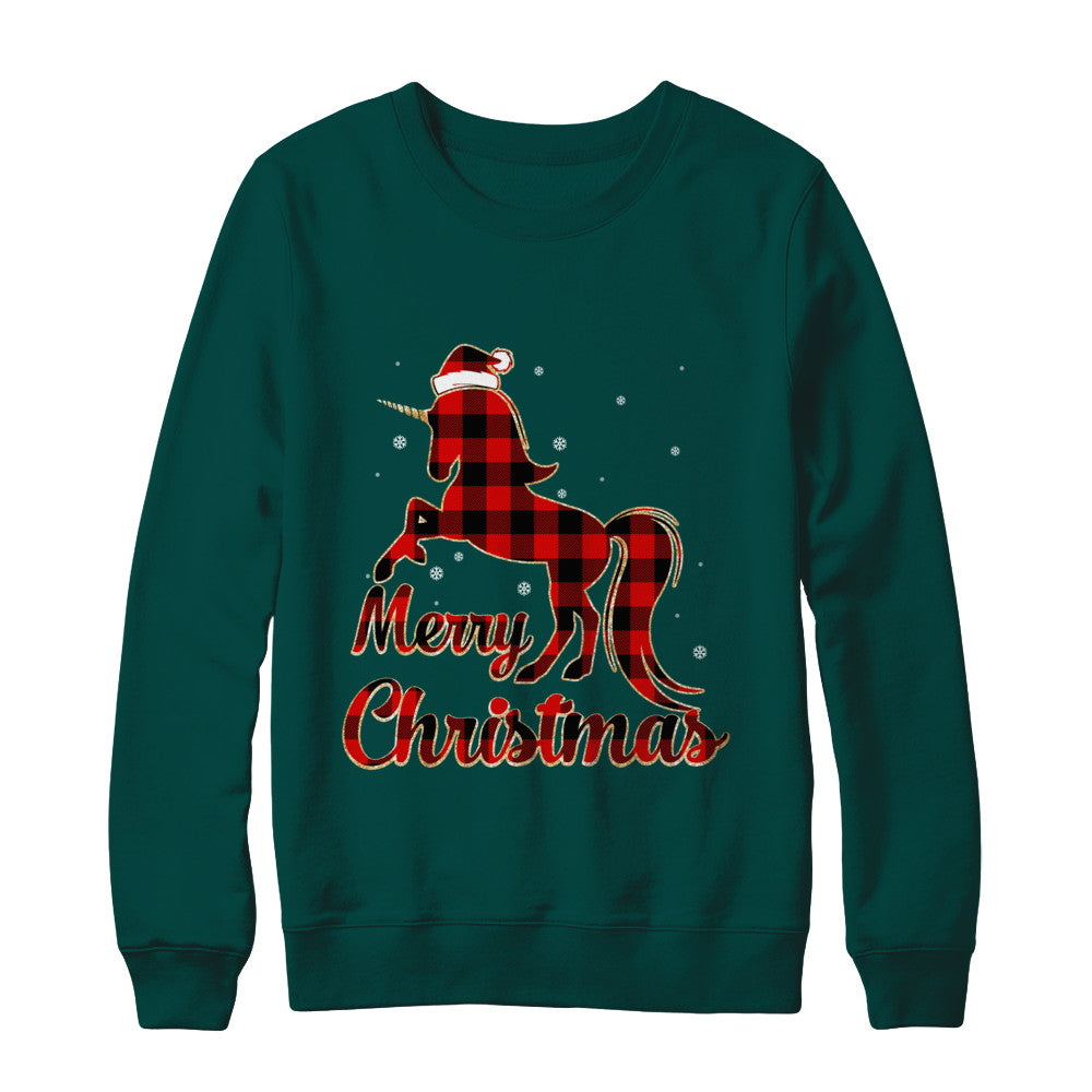 Red Buffalo Plaid Unicorn Merry Christmas T-Shirt & Sweatshirt | Teecentury.com