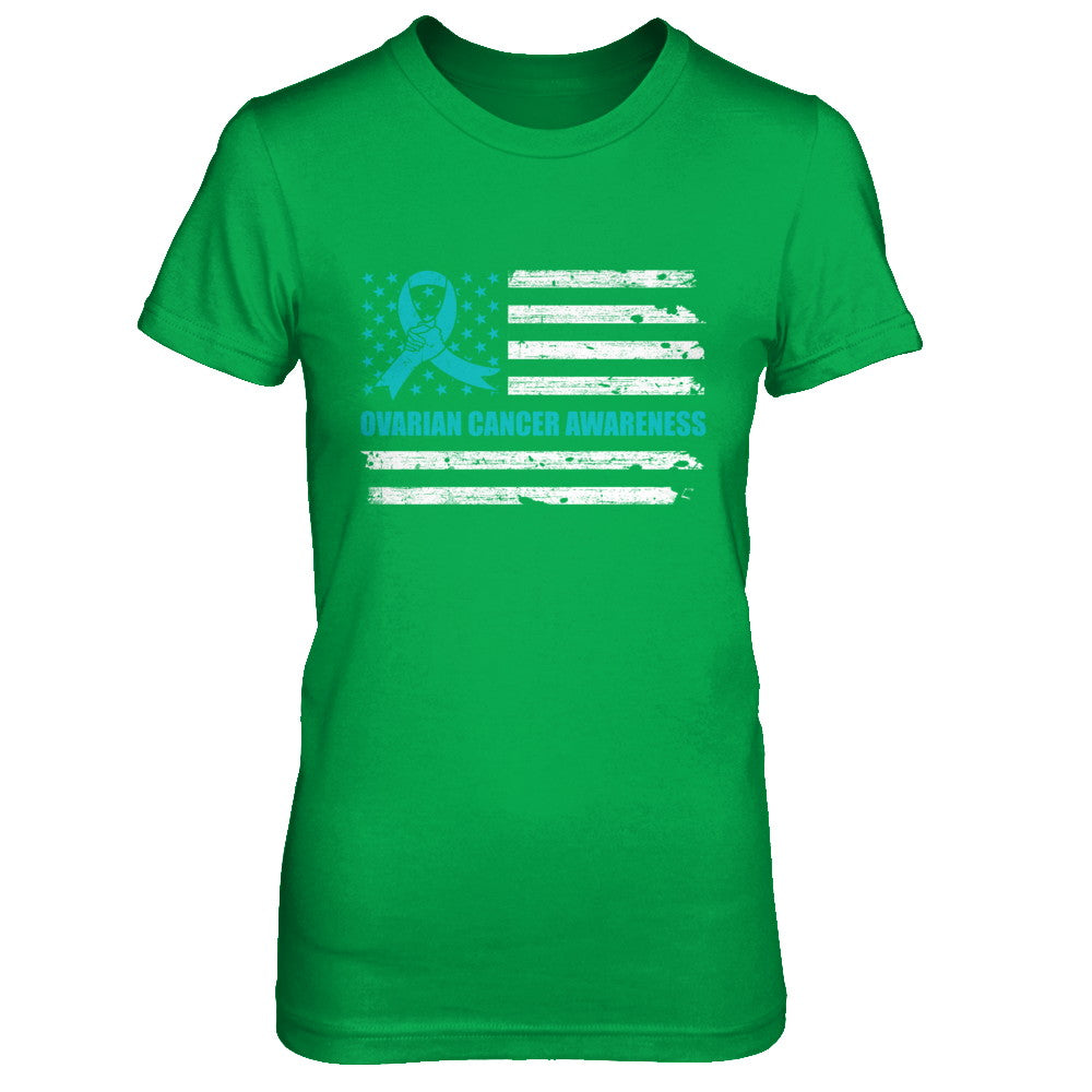 Teal Ribbon Ovarian Cancer Awareness US Flag T-Shirt & Hoodie | Teecentury.com