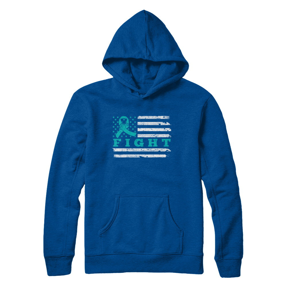 Fight Teal Ribbon US Flag Ovarian Cancer Awareness T-Shirt & Hoodie | Teecentury.com