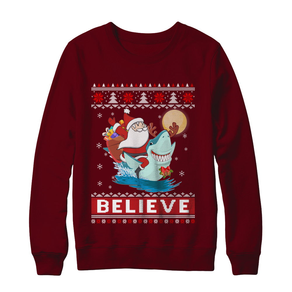 Believe In Santa Riding Shark Ugly Christmas Sweater T-Shirt & Sweatshirt | Teecentury.com