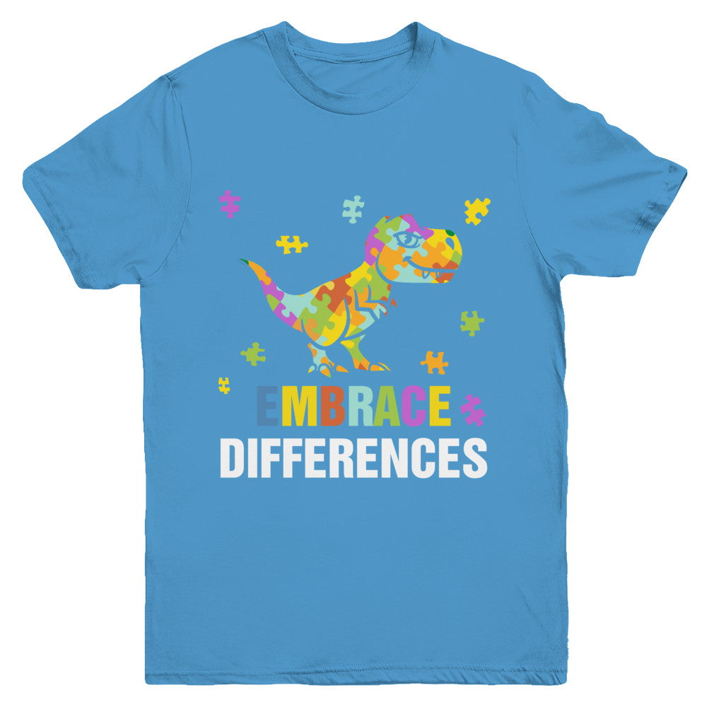 Autism Awareness Puzzle Piece Dinosaur Embrace Differences Youth Youth Shirt | Teecentury.com