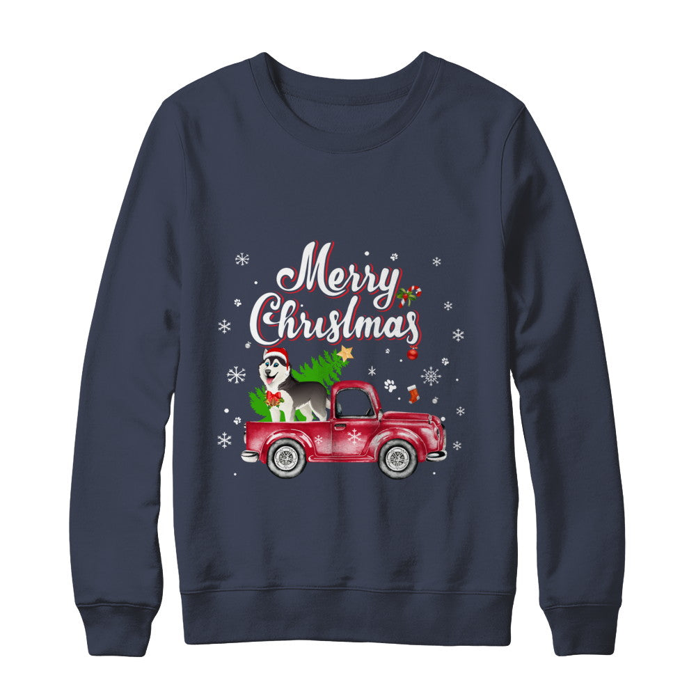 Husky Rides Red Truck Christmas Pajama T-Shirt & Sweatshirt | Teecentury.com