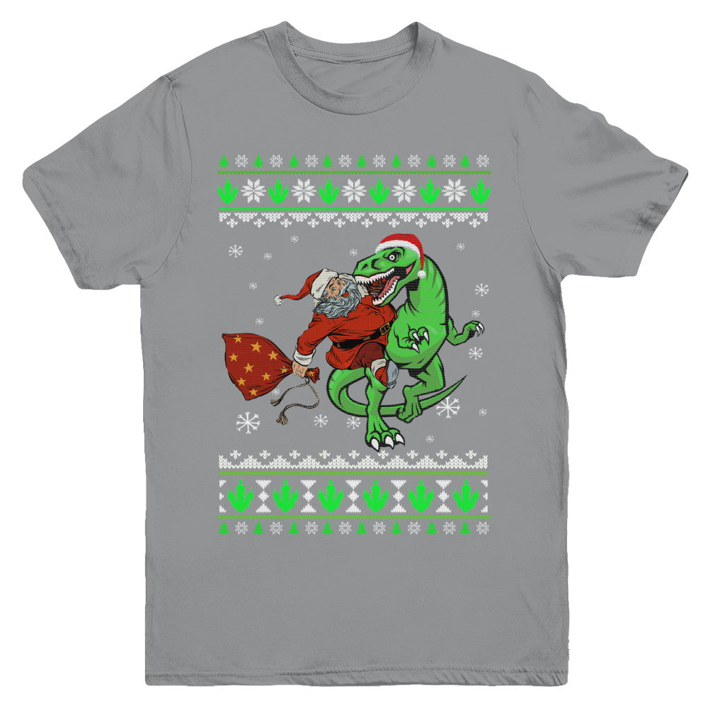 Santa Riding Dinosaur T-Rex Ugly Christmas Sweater Youth Youth Shirt | Teecentury.com