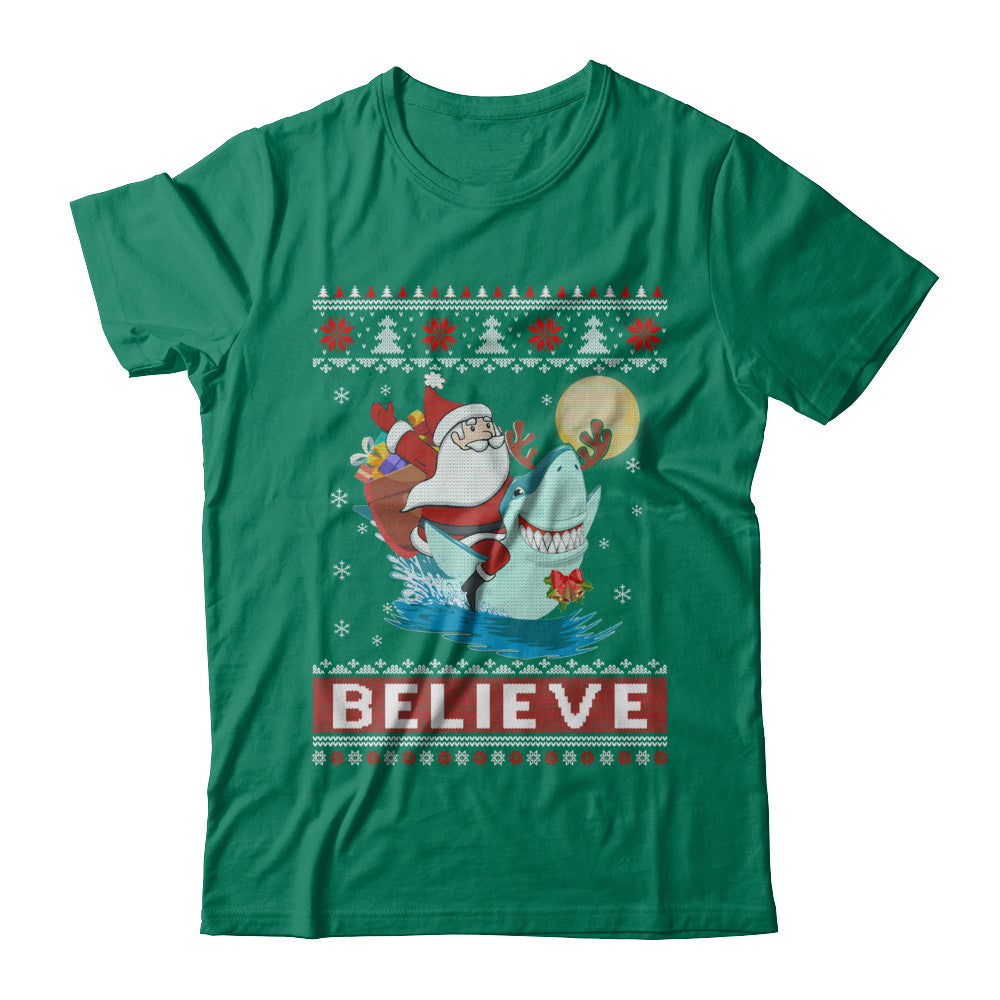 Believe In Santa Riding Shark Ugly Christmas Sweater T-Shirt & Sweatshirt | Teecentury.com