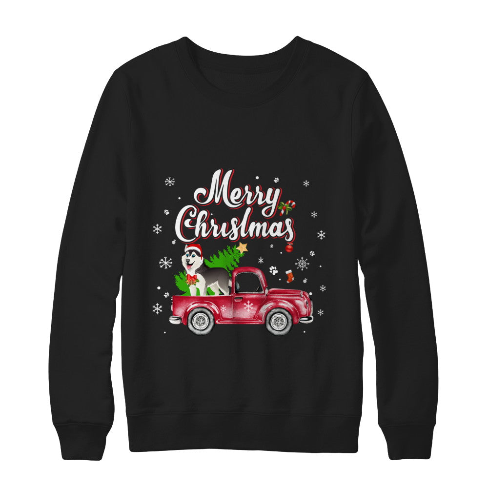 Husky Rides Red Truck Christmas Pajama T-Shirt & Sweatshirt | Teecentury.com