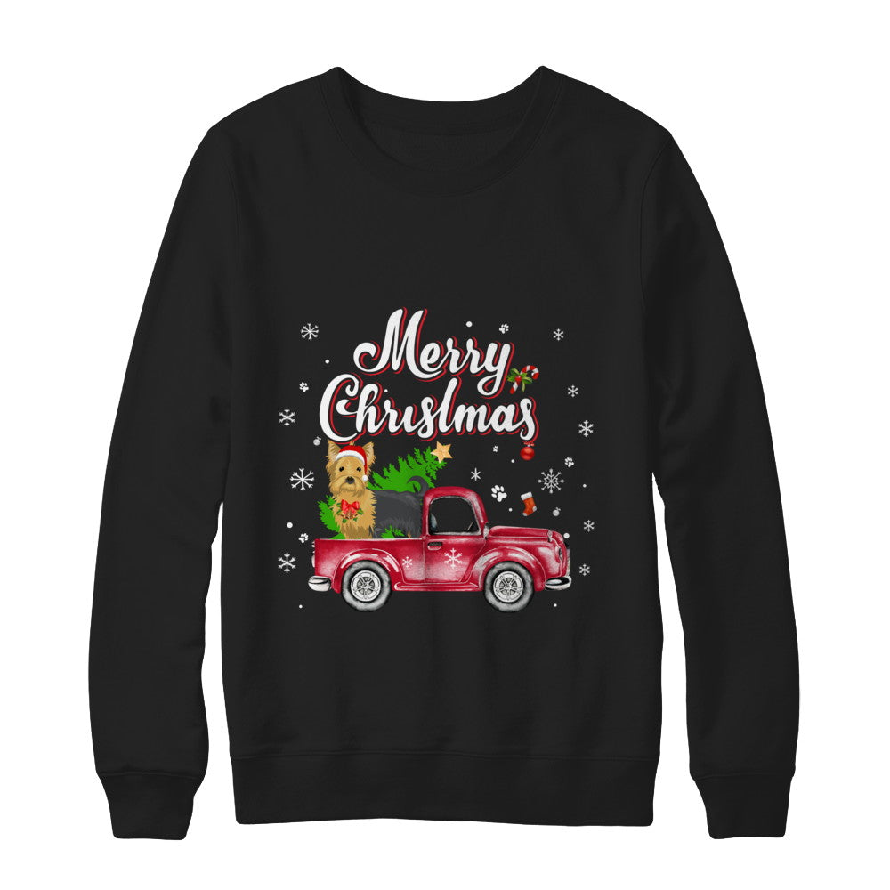 Yorkie Rides Red Truck Christmas Pajama T-Shirt & Sweatshirt | Teecentury.com