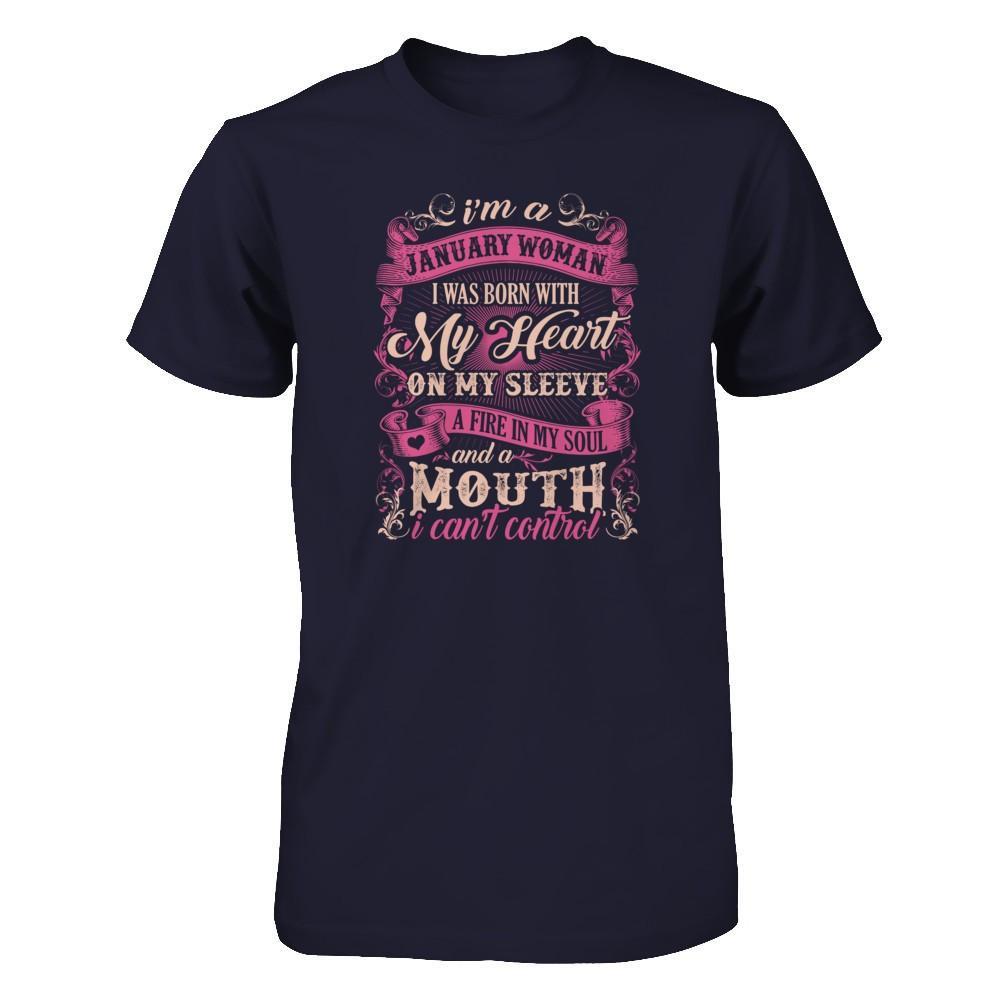 I Am A January Woman I Was Born With My Heart On My Sleeve T-Shirt & Tank Top | Teecentury.com