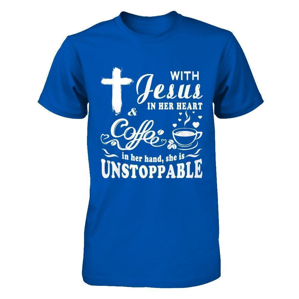 With Jesus In Her Heart And Coffee In Her Hand T-Shirt & Hoodie | Teecentury.com