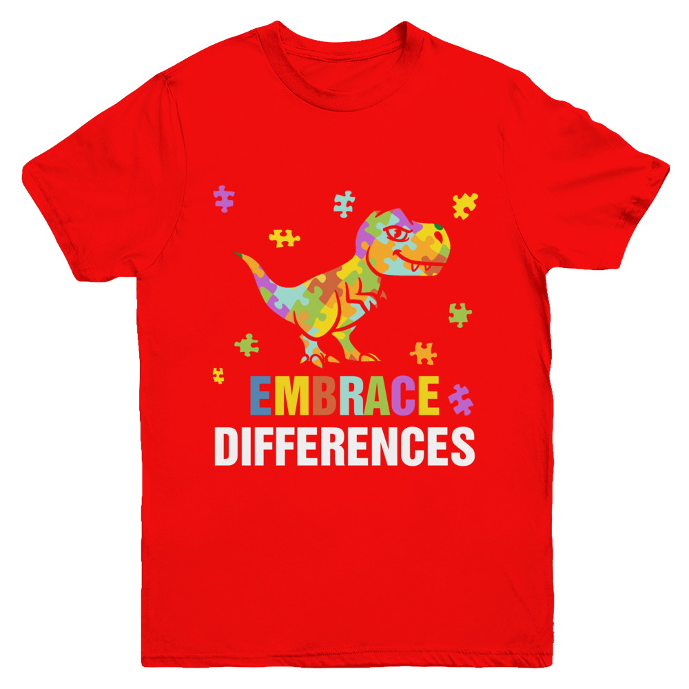 Autism Awareness Puzzle Piece Dinosaur Embrace Differences Youth Youth Shirt | Teecentury.com