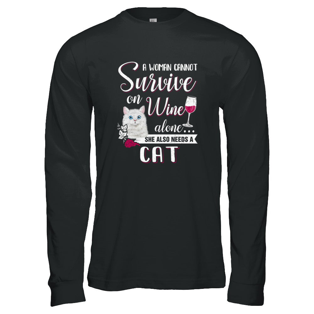 A Woman Can't Survive On Wine Alone Cat T-Shirt & Tank Top | Teecentury.com