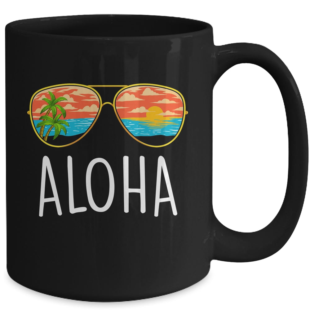 Aloha Hawaii Hawaiian Island Sunglasses Palm Trees Beach Mug | teecentury
