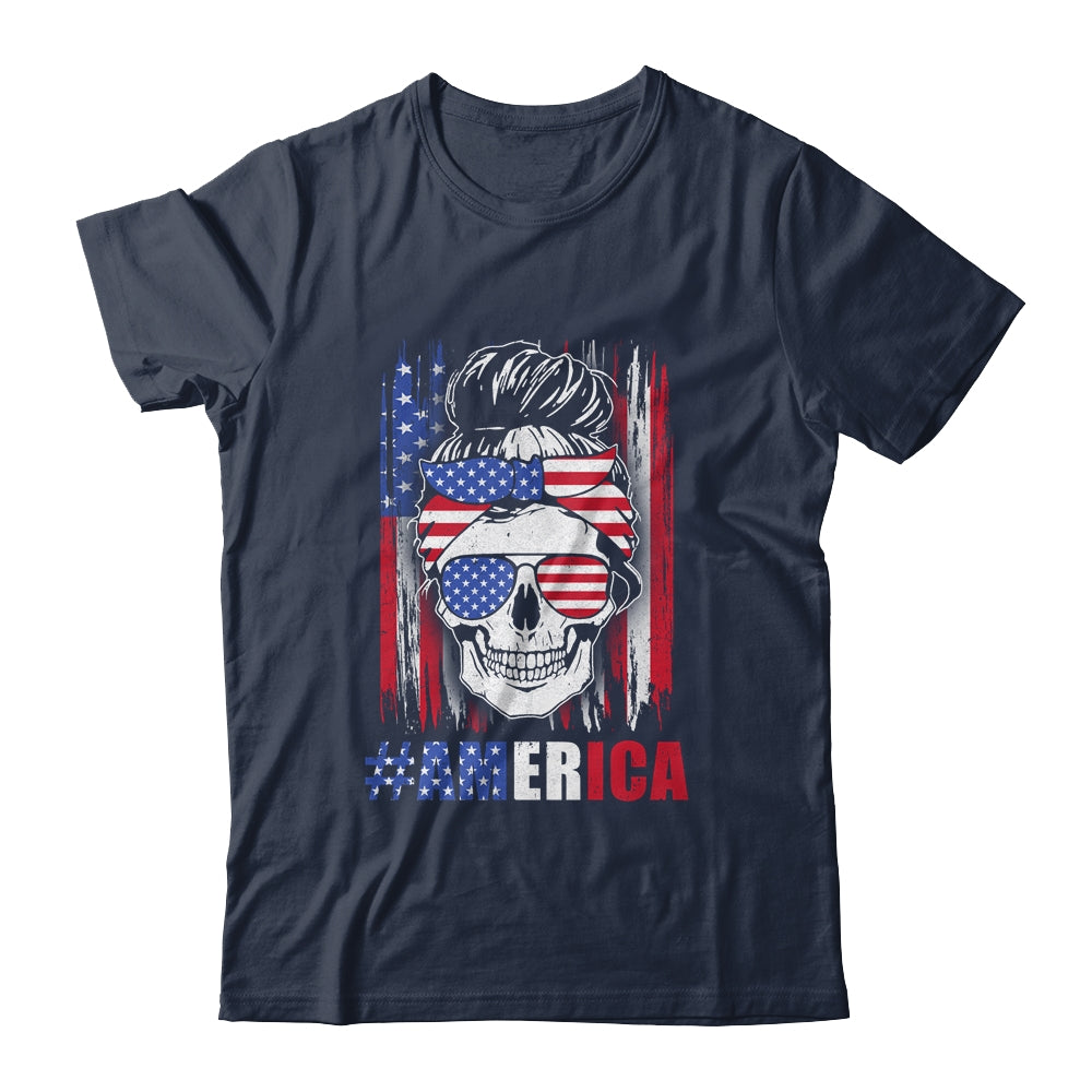 America Messy Bun Hair Skull 4th Of July American Flag Women T-Shirt & Tank Top | Teecentury.com