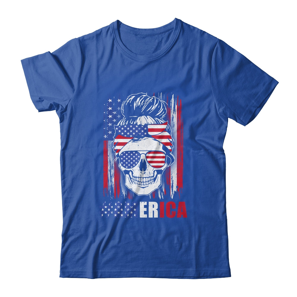America Messy Bun Hair Skull 4th Of July American Flag Women T-Shirt & Tank Top | Teecentury.com