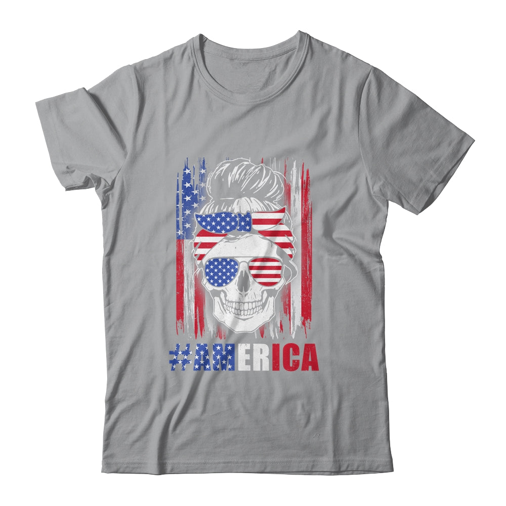 America Messy Bun Hair Skull 4th Of July American Flag Women T-Shirt & Tank Top | Teecentury.com