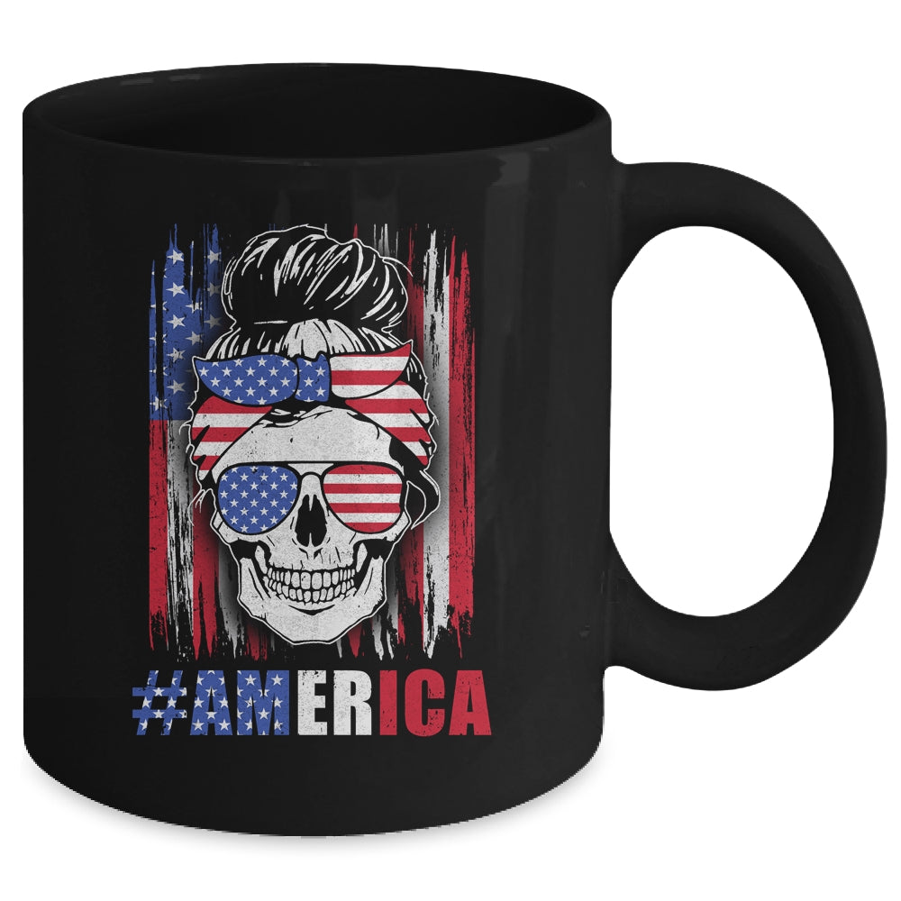 America Messy Bun Hair Skull 4th Of July American Flag Women Mug Coffee Mug | Teecentury.com
