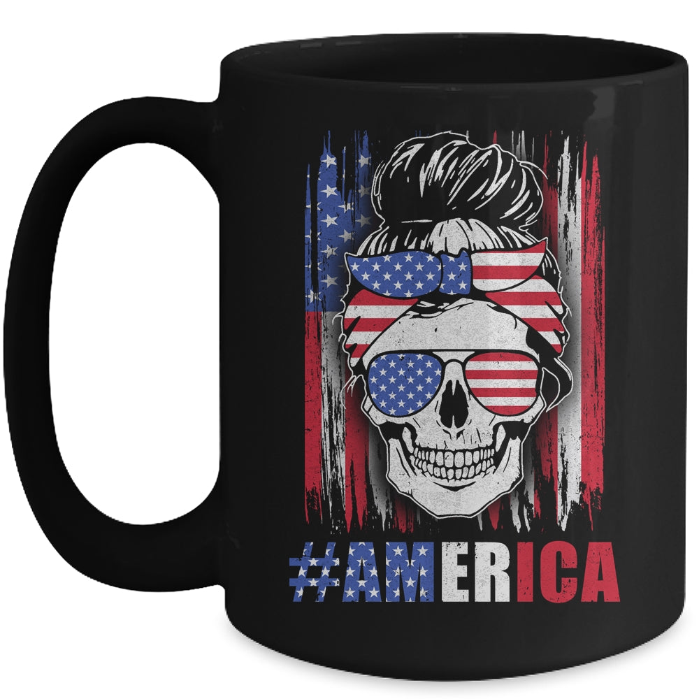 America Messy Bun Hair Skull 4th Of July American Flag Women Mug Coffee Mug | Teecentury.com