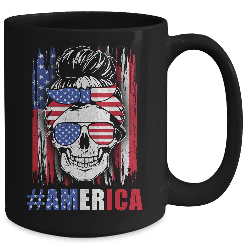 America Messy Bun Hair Skull 4th Of July American Flag Women Mug Coffee Mug | Teecentury.com