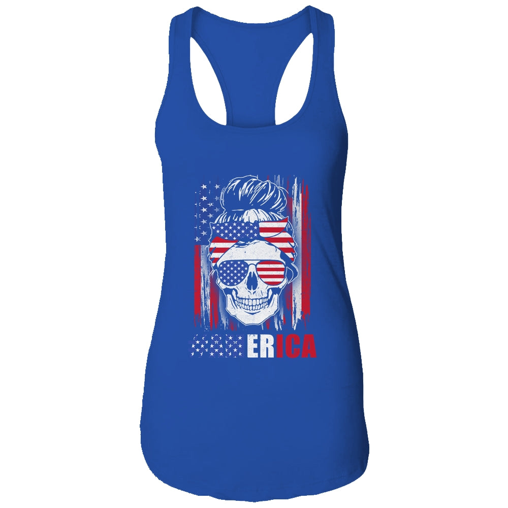 America Messy Bun Hair Skull 4th Of July American Flag Women T-Shirt & Tank Top | Teecentury.com