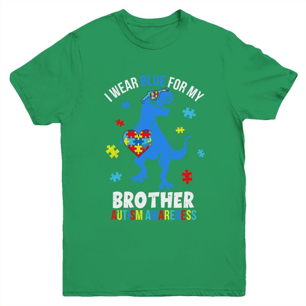 April I Wear Blue For Brother Dinosaur Autism Awareness Youth Shirt | teecentury