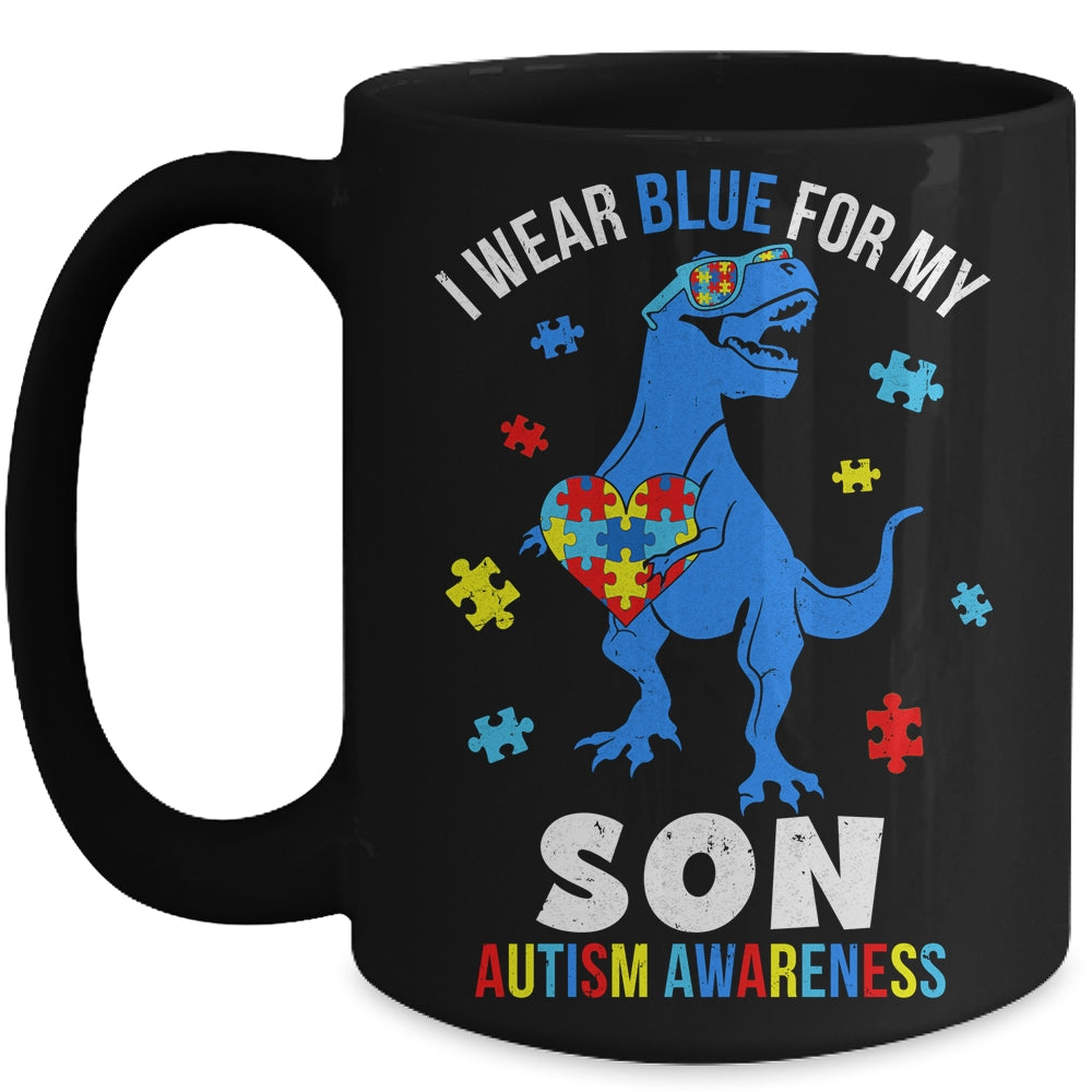 April I Wear Blue For Son Dinosaur Autism Awareness Mug | teecentury