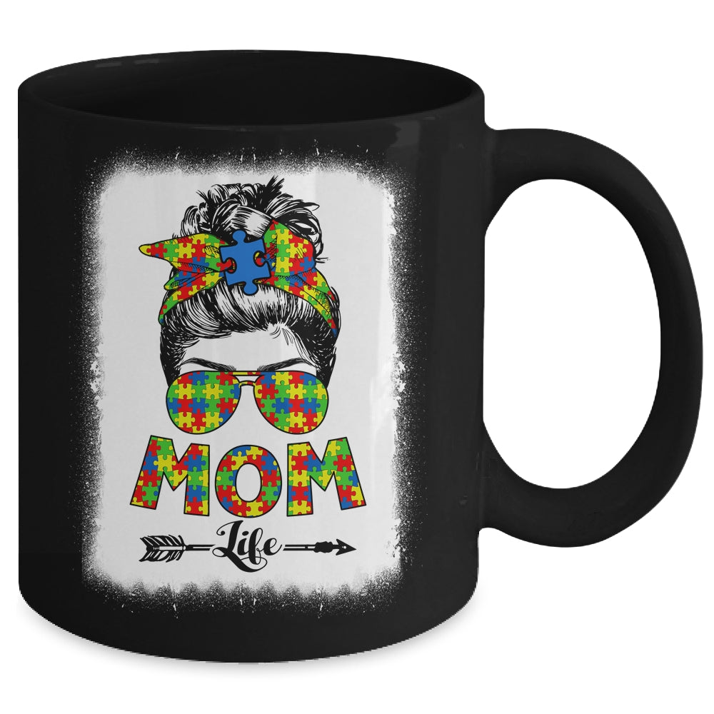 Autistic Autism Awareness Messy Bun Mom Life Bleached Mug Coffee Mug | Teecentury.com