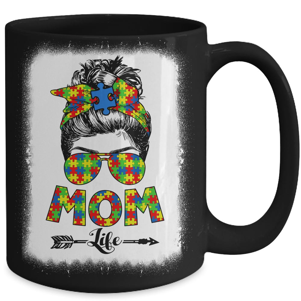 Autistic Autism Awareness Messy Bun Mom Life Bleached Mug Coffee Mug | Teecentury.com