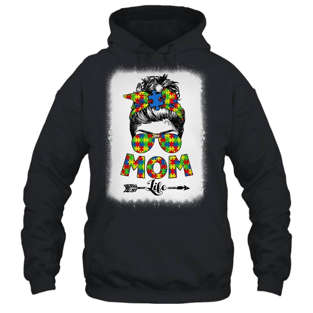 Autistic Autism Awareness Messy Bun Mom Life Bleached T-Shirt & Tank Top | Teecentury.com