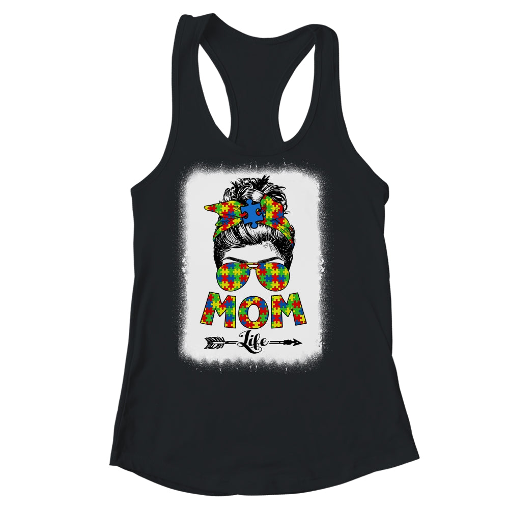 Autistic Autism Awareness Messy Bun Mom Life Bleached T-Shirt & Tank Top | Teecentury.com