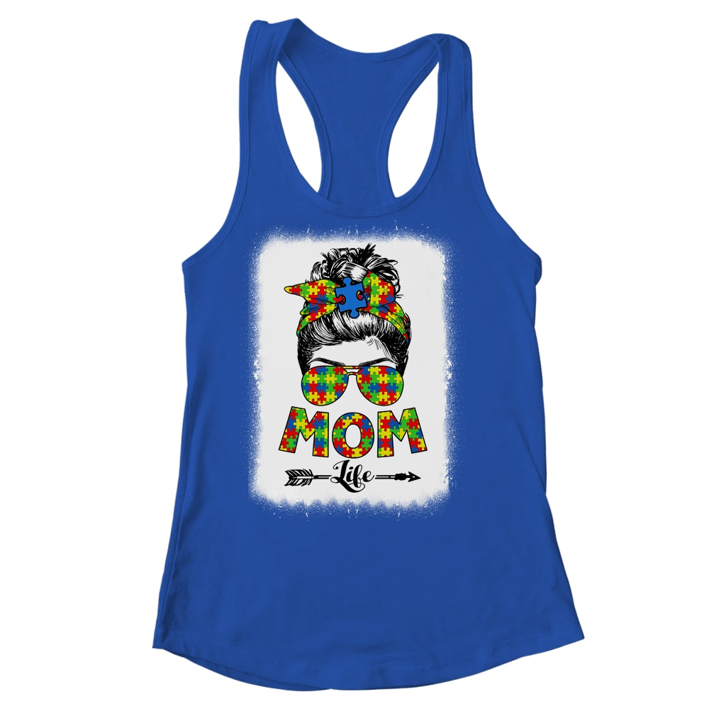 Autistic Autism Awareness Messy Bun Mom Life Bleached T-Shirt & Tank Top | Teecentury.com