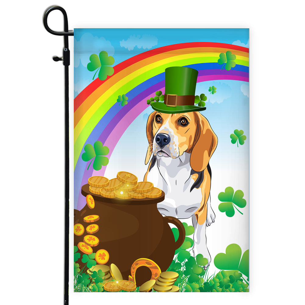 Beagle St Patrick's Day Dog Flag Funny Peeking Dog Wear Green Hat Golden Pot Coin Shamrock Rainbow Spring Banner for Home Decor | teecentury