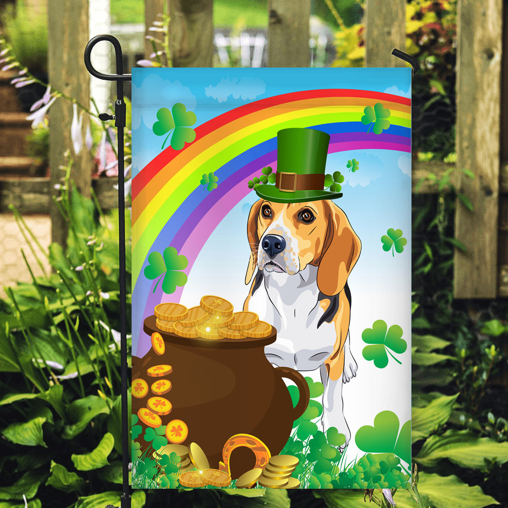 Beagle St Patrick's Day Dog Flag Funny Peeking Dog Wear Green Hat Golden Pot Coin Shamrock Rainbow Spring Banner for Home Decor | teecentury