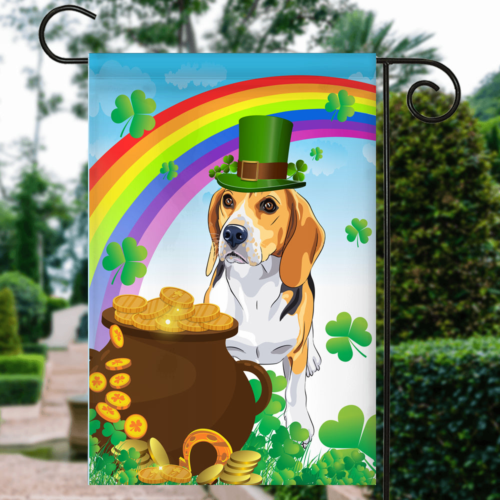 Beagle St Patrick's Day Dog Flag Funny Peeking Dog Wear Green Hat Golden Pot Coin Shamrock Rainbow Spring Banner for Home Decor | teecentury