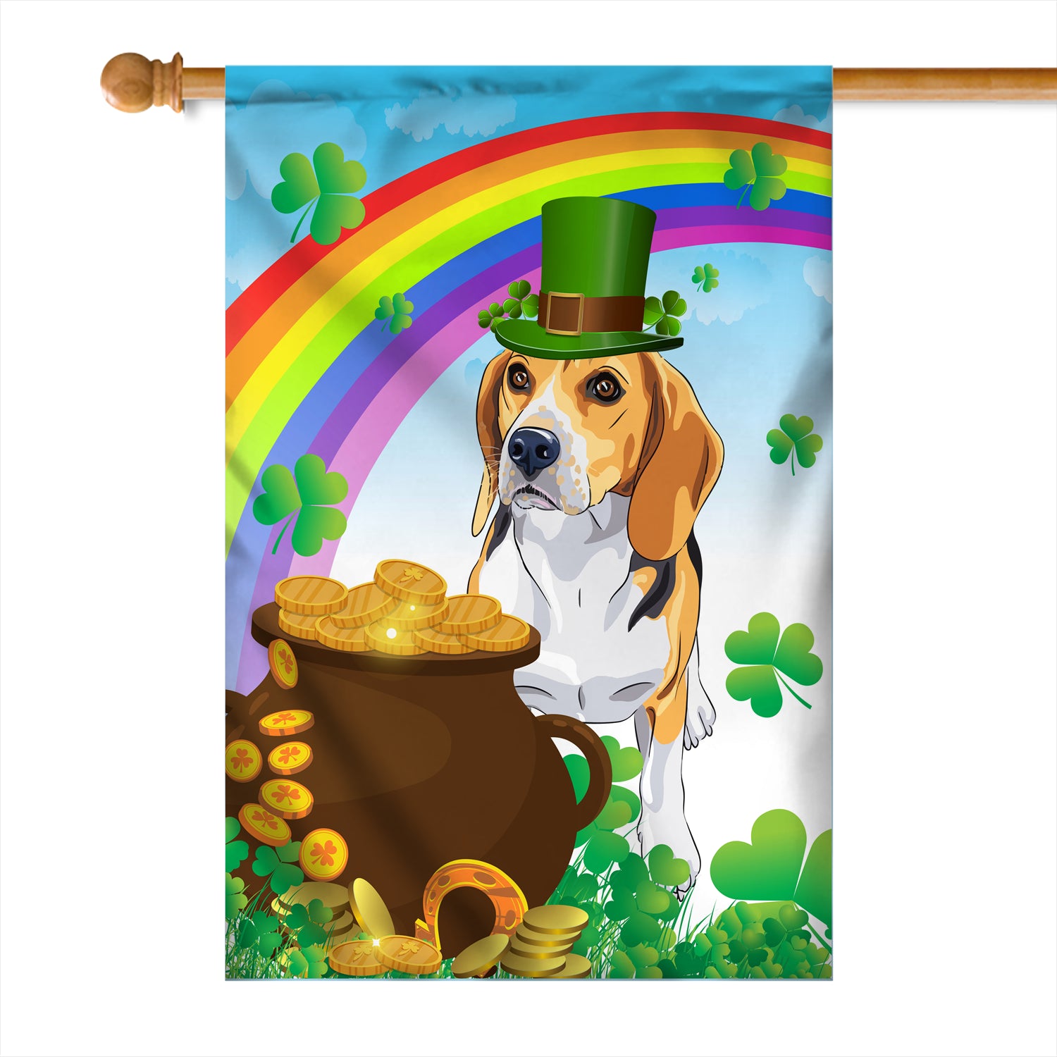 Beagle St Patrick's Day Dog Flag Funny Peeking Dog Wear Green Hat Golden Pot Coin Shamrock Rainbow Spring Banner for Home Decor | teecentury