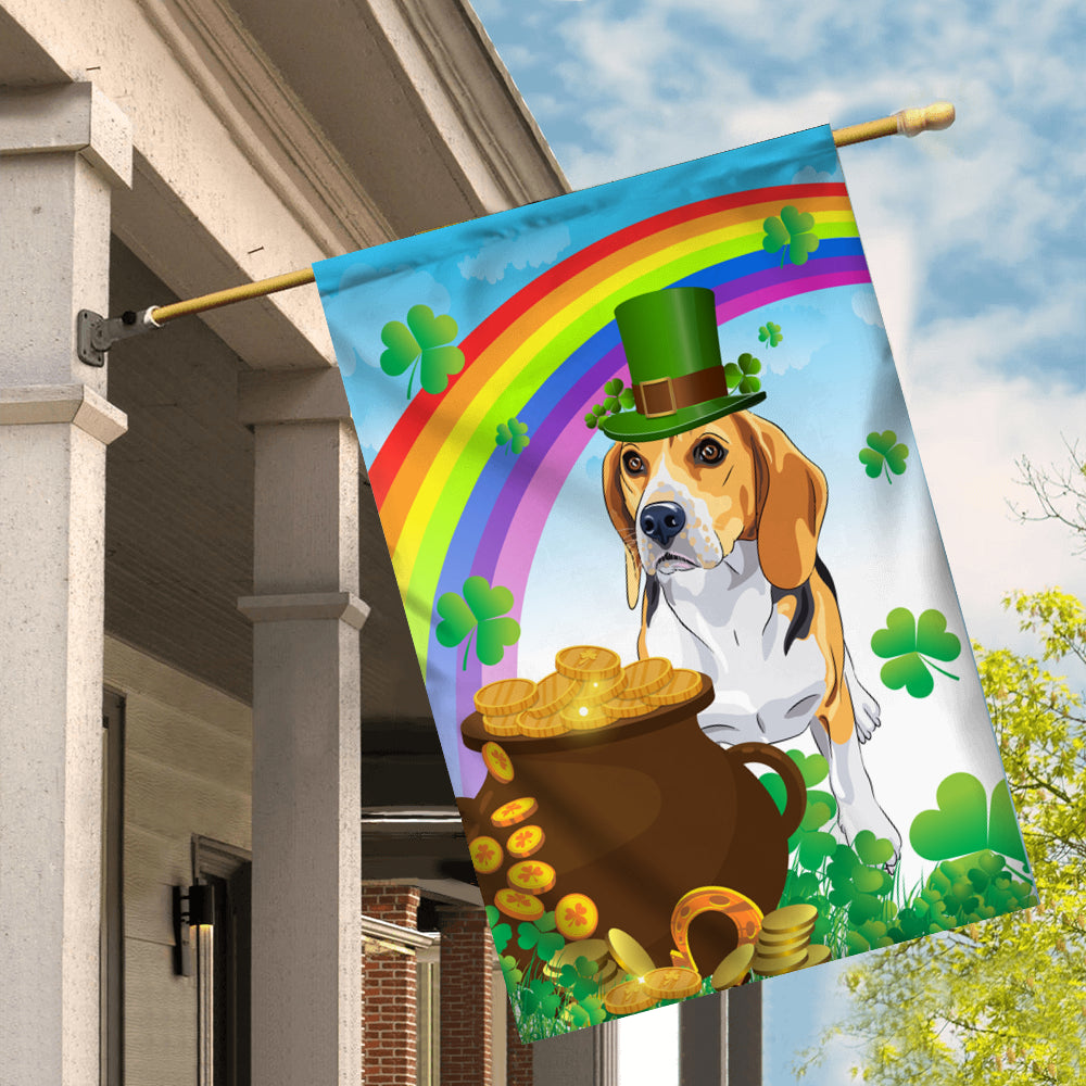 Beagle St Patrick's Day Dog Flag Funny Peeking Dog Wear Green Hat Golden Pot Coin Shamrock Rainbow Spring Banner for Home Decor | teecentury