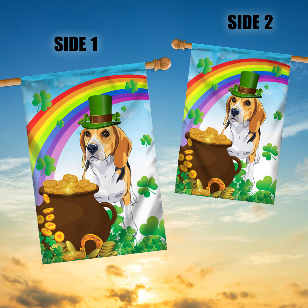 Beagle St Patrick's Day Dog Flag Funny Peeking Dog Wear Green Hat Golden Pot Coin Shamrock Rainbow Spring Banner for Home Decor | teecentury