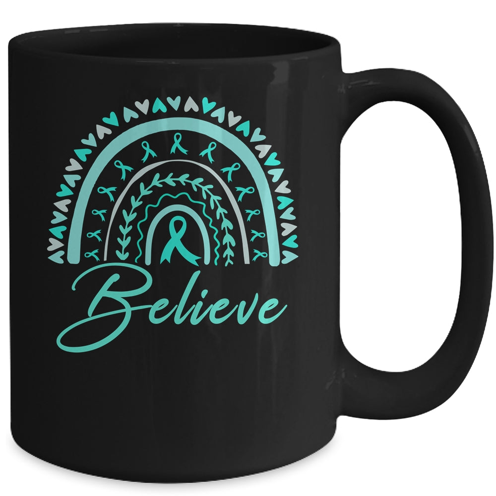 Believe Rainbow Ovarian Cancer Awareness Teal Ribbon Mug | teecentury