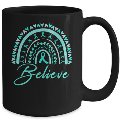 Believe Rainbow Ovarian Cancer Awareness Teal Ribbon Mug | teecentury