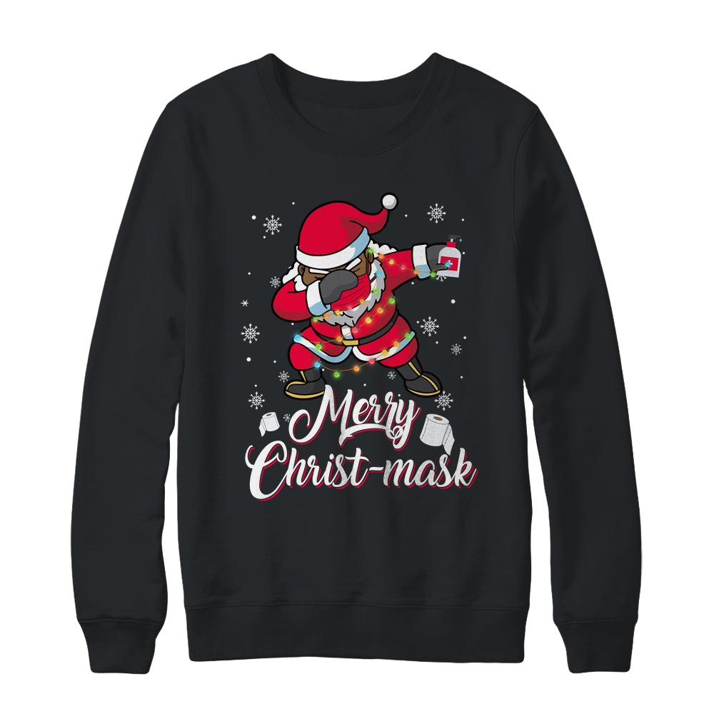 Black African American Christmas Dabbing Santa Wearing Mask T-Shirt & Sweatshirt | Teecentury.com
