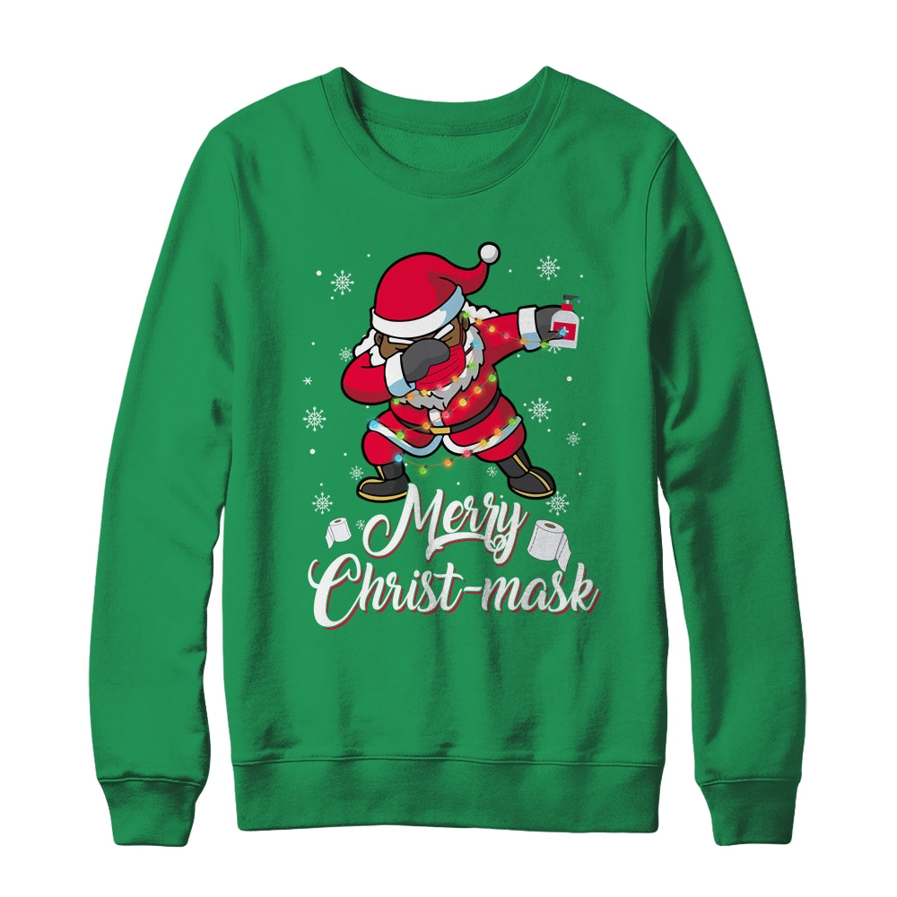 Black African American Christmas Dabbing Santa Wearing Mask T-Shirt & Sweatshirt | Teecentury.com
